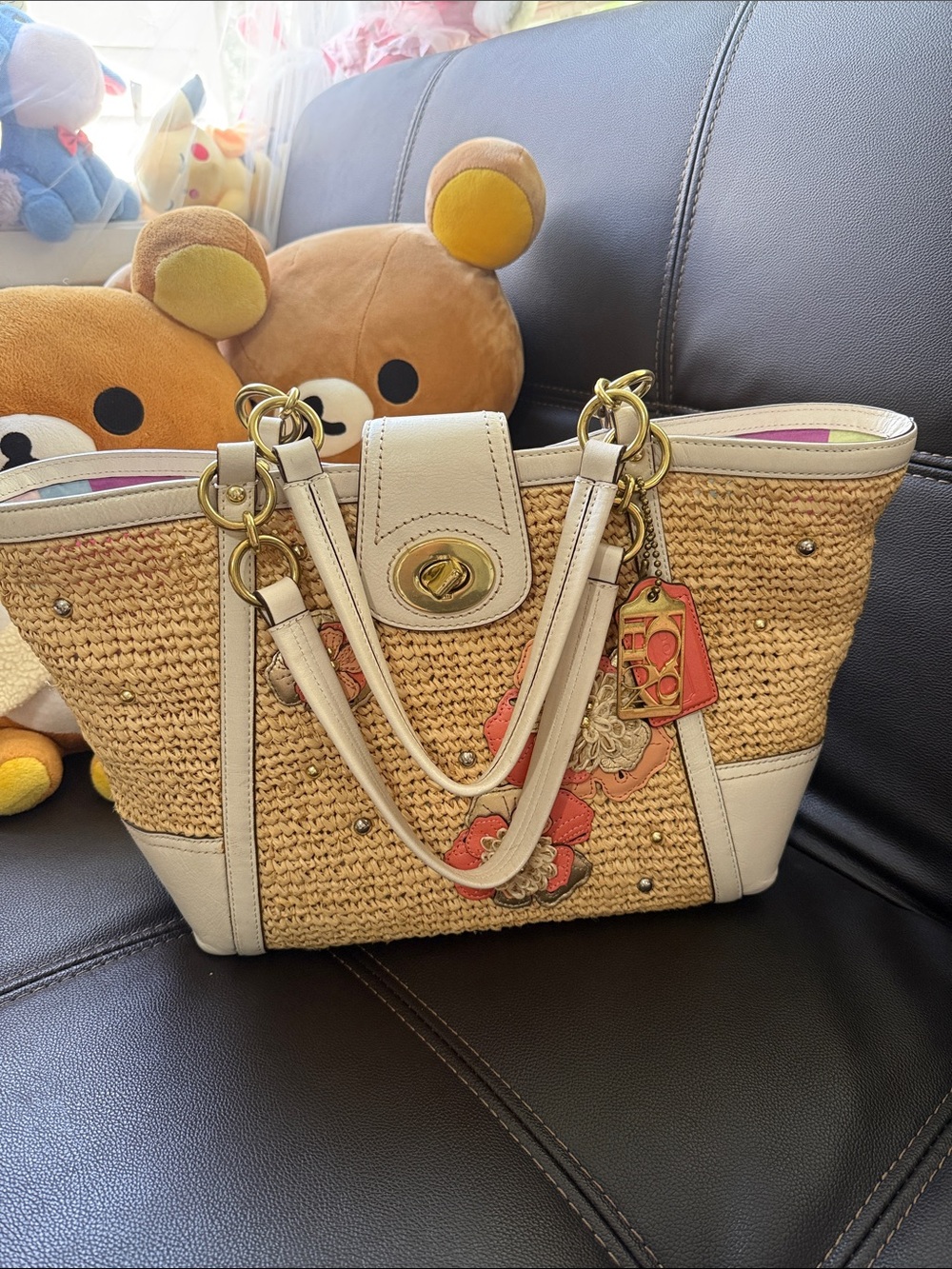 Coach Straw Tote with Cream Trim and Coral Floral Appliqué